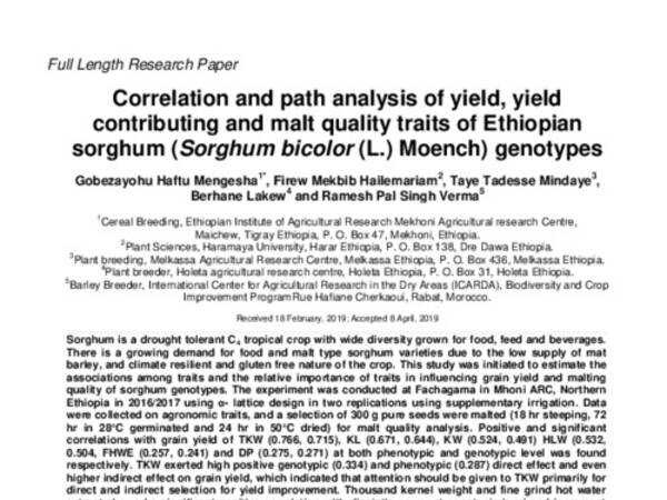 Correlation and path analysis of yield, yield contributing and malt quality traits of Ethiopian sorghum (Sorghum bicolor (L.) Moench) genotypes 