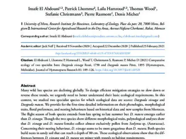 Comparative ecology of two specialist bees: Dasypoda visnaga Rossi, 1790 and Dasypoda maura Pérez, 1895 (Hymenoptera, Melittidae)