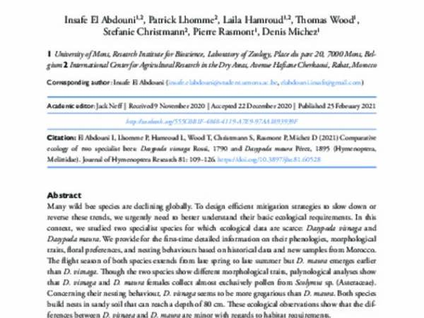 Comparative ecology of two specialist bees: Dasypoda visnaga Rossi, 1790 and Dasypoda maura Pérez, 1895 (Hymenoptera, Melittidae)