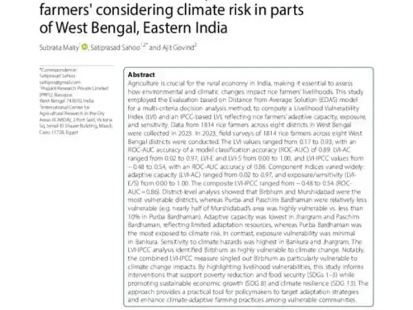 A field-based data-driven modeling approach for livelihood vulnerability examination of rice farmers' considering climate risk in parts of West Bengal, Eastern India