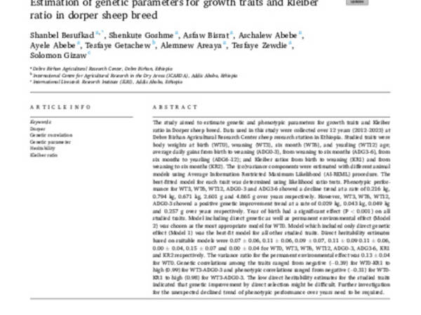 Estimation of genetic parameters for growth traits and kleiber ratio in dorper sheep breed