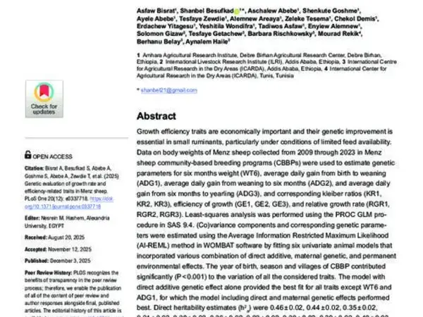 Genetic evaluation of growth rate and efficiency-related traits in Menz sheep
