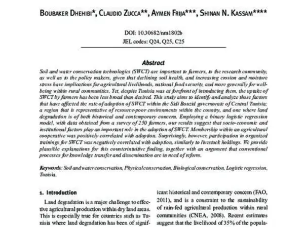 Biophysical and econometric analysis of adoption of soil and water conservation techniques in the semiarid region of Sidi Bouzid (Central Tunisia)
