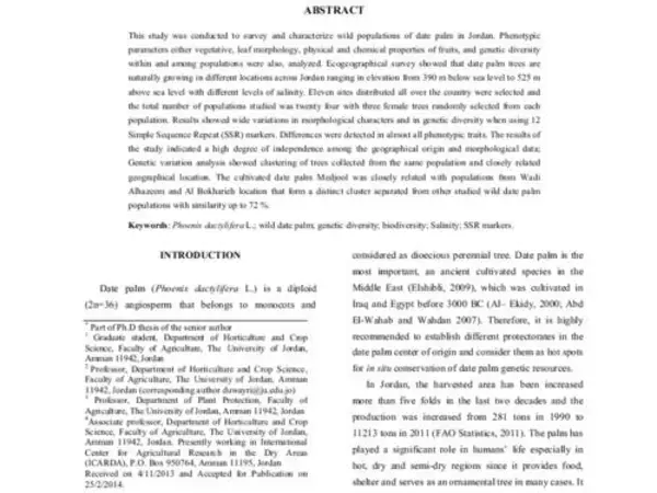 Characterization and Assessment of Genetic Diversity of Wild Date Palm (Phoenix dactylifera L.) in Jordan