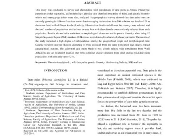 Characterization and Assessment of Genetic Diversity of Wild Date Palm (Phoenix dactylifera L.) in Jordan