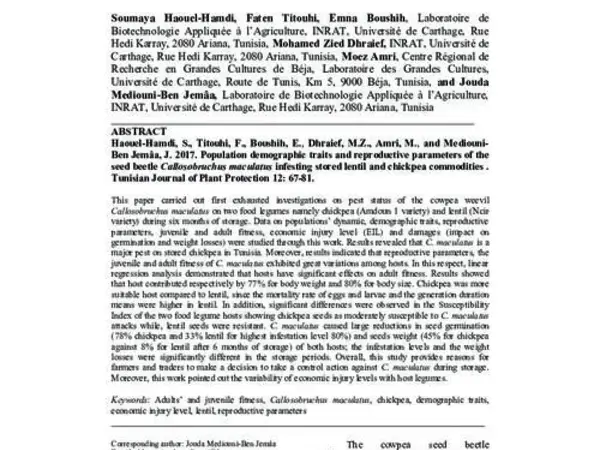 Population Demographic and Reproductive Parameters of the Cowpea Seed Beetle Callosobruchus maculatus Infesting Stored Lentil and Chickpea Commodities