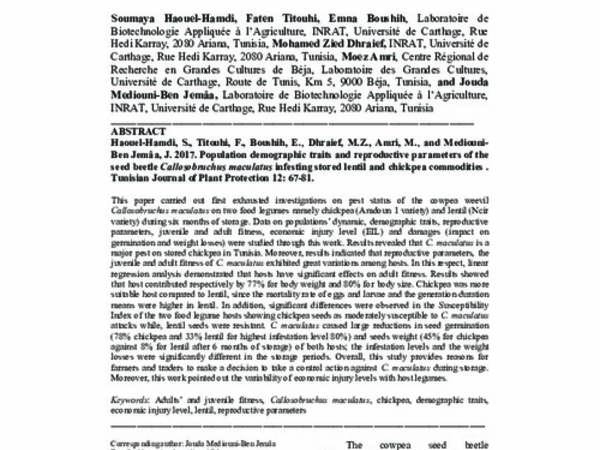 Population Demographic and Reproductive Parameters of the Cowpea Seed Beetle Callosobruchus maculatus Infesting Stored Lentil and Chickpea Commodities