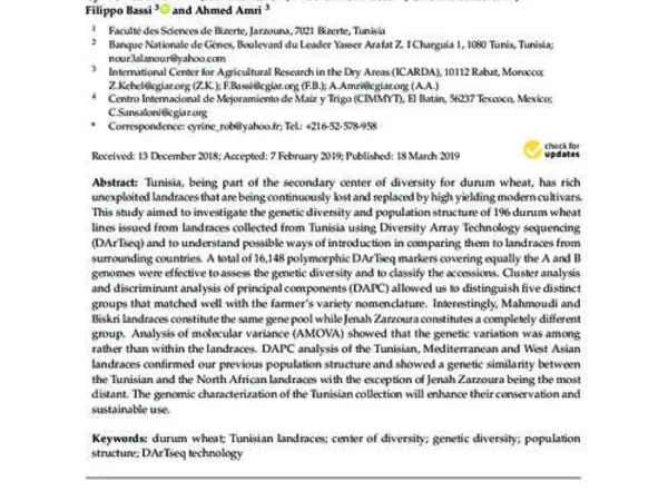 Genome-Wide Genetic Diversity and Population Structure of Tunisian Durum Wheat Landraces Based on DArTseq Technology