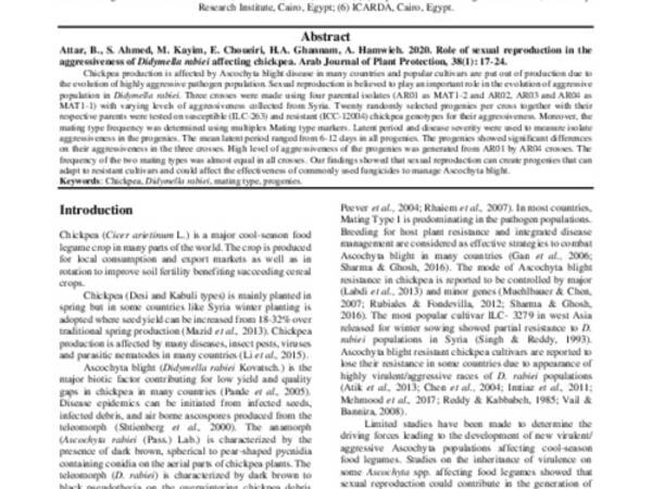 Role of sexual reproduction in the aggressiveness of Didymella rabiei affecting chickpea