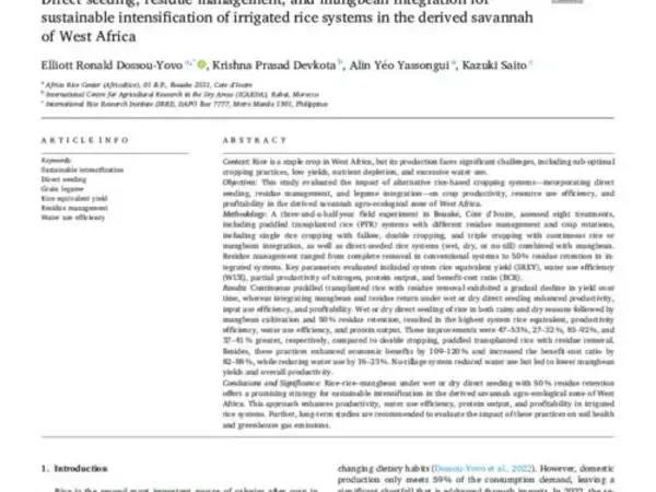 Direct seeding, residue management, and mungbean integration for sustainable intensification of irrigated rice systems in the derived savannah of West Africa