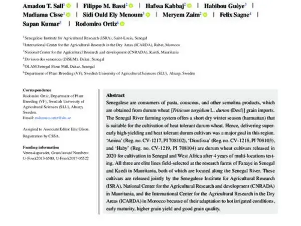 ‘Amina’, ‘Dioufissa’, and ‘Haby’: Heat tolerant durum wheatcultivars adapted to the Senegal River Basin