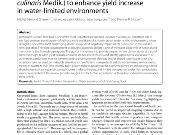 Opportunities to improve the seasonal dynamics of water use in lentil (Lens culinaris Medik.) to enhance yield increase in water‑limited environments