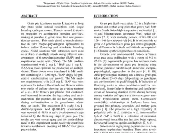 In vitro Approaches for Shortening Generation Cycles and Faster Breeding of low β-n-oxalyl-l-α, β-diamino propionic acid content Grass pea (Lathyrus sativus L.).