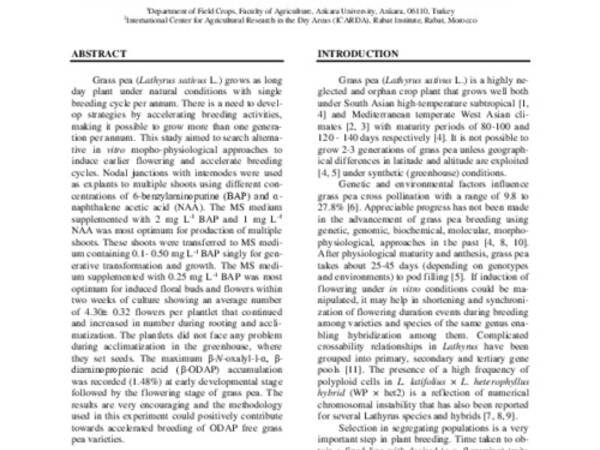 In vitro Approaches for Shortening Generation Cycles and Faster Breeding of low β-n-oxalyl-l-α, β-diamino propionic acid content Grass pea (Lathyrus sativus L.).