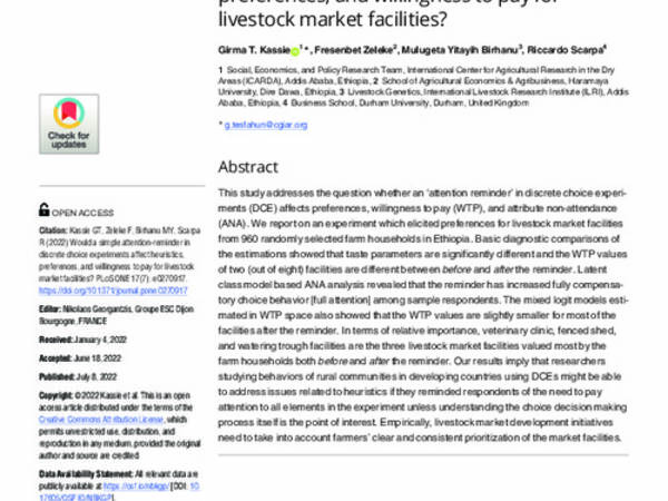 Would a simple attention-reminder in discrete choice experiments affect heuristics, preferences, and willingness to pay for livestock market facilities?