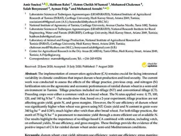 Effect of Tillage, Previous Crop, and N Fertilization on Agronomic and Economic Performances of Durum Wheat (Triticum durum Desf.) under Rainfed Semi-Arid Environment