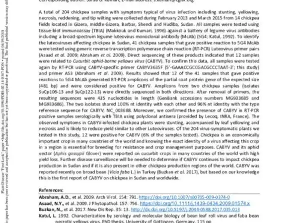 First Report of Cucurbit aphid-borne yellows virus Affecting Chickpea (Cicer arietinum L.) in Sudan 