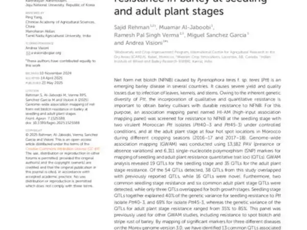 Genome-wide association mapping of net form net blotch resistance in barley at seedling and adult plant stages