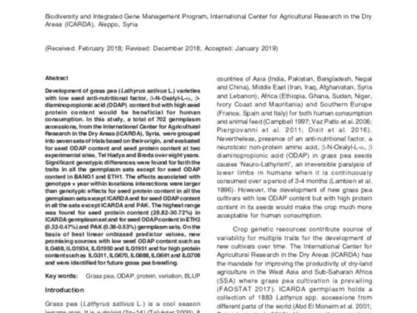 Variation for seed protein and ODAP content in grasspea (Lathyrus sativus L.) germplasm collections