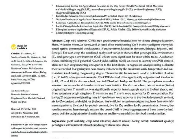 Crop Wild Relatives Crosses: Multi-Location Assessment in Durum Wheat, Barley, and Lentil