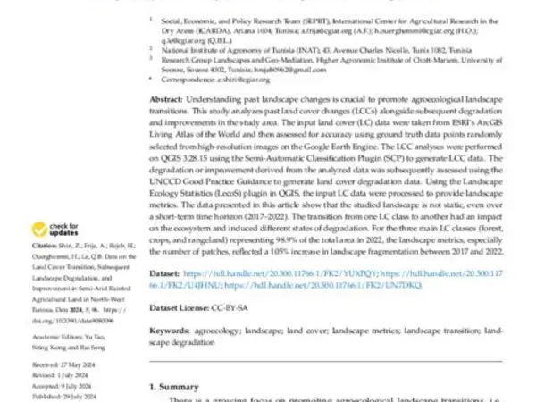 Data on the Land Cover Transition, Subsequent Landscape Degradation, and Improvement in Semi-Arid Rainfed Agricultural Land in North–West Tunisia