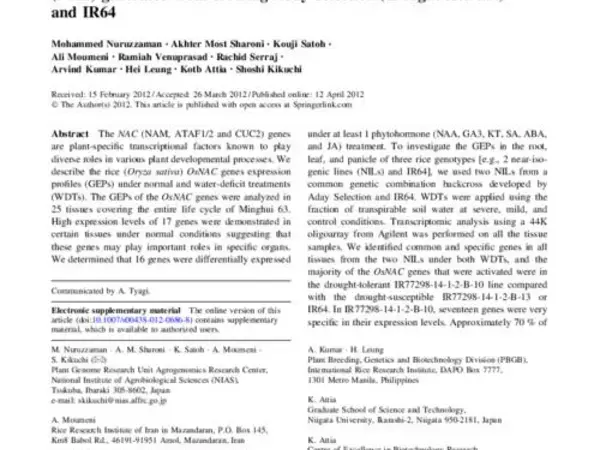 Comprehensive Gene Expression Analysis Of The Nac Gene Family Under Normal Growth Conditions, Hormone Treatment, And Drought Stress Conditions In Rice Using Near-Isogenic Lines (Nils) Generated From Crossing Aday Selection (Drought Tolerant) And Ir64