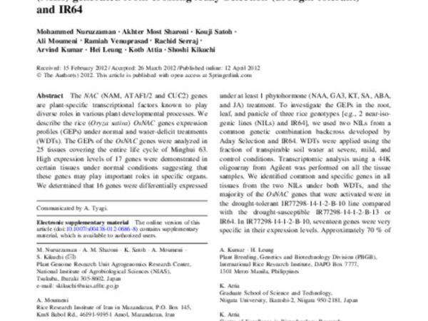 Comprehensive Gene Expression Analysis Of The Nac Gene Family Under Normal Growth Conditions, Hormone Treatment, And Drought Stress Conditions In Rice Using Near-Isogenic Lines (Nils) Generated From Crossing Aday Selection (Drought Tolerant) And Ir64