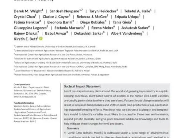 Understanding photothermal interactions will help expand production range and increase genetic diversity of lentil (Lens culinaris Medik.)