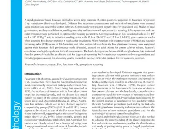 Development of a rapid, accurate glasshouse bioassay for assessing fusarium wilt disease responses in cultivated Gossypium species