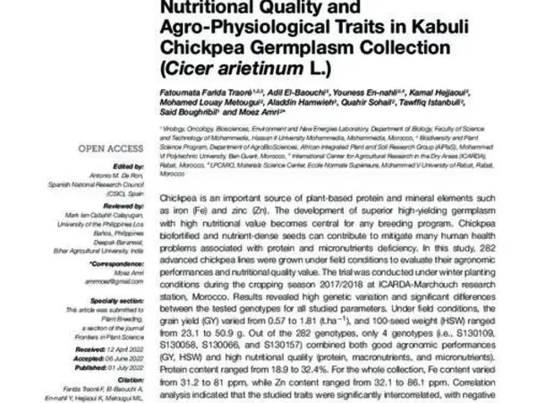 Exploring the Genetic Variability and Potential Correlations Between Nutritional Quality and Agro-Physiological Traits in Kabuli Chickpea Germplasm Collection (Cicer arietinum L.)