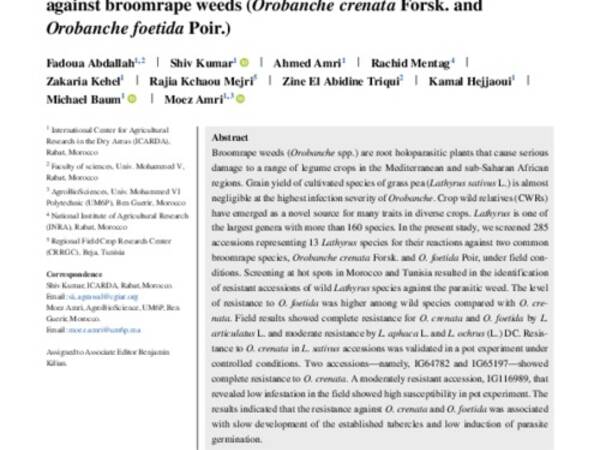 Wild Lathyrus species as a great source of resistance forintrogression into cultivated grass pea (Lathyrus sativus L.)against broomrape weeds (Orobanche crenata Forsk. andOrobanche foetida Poir .)