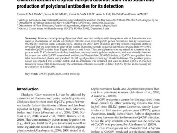 Characterization of a Syrian Chickpea chlorotic stunt virus strain and production of polyclonal antibodies for its detection