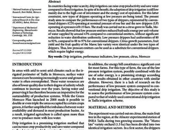 Comparative study of the hydraulic, energy and agronomic performances of conventional and low pressure drip irrigation on citrus