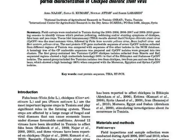 Present status of some virus diseases affecting legume crops in Tunisia, and partial characterization of Chickpea chlorotic stunt virus