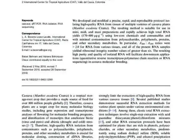 An optimized isolation protocol yields high-quality RNA from cassava tissues (Manihot esculenta Crantz)