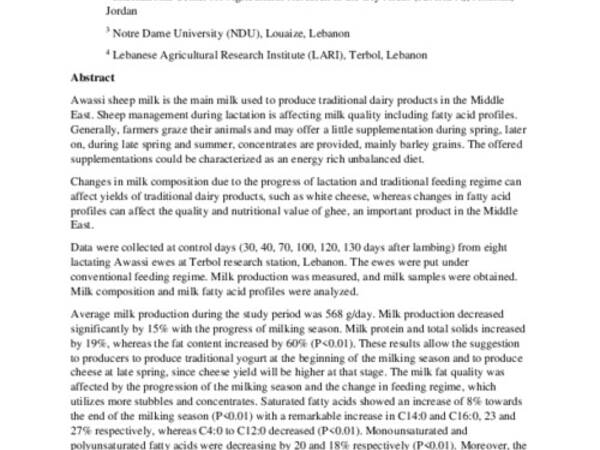 Effect of lactation season on Awassi sheep milk quality and fatty acid profiles