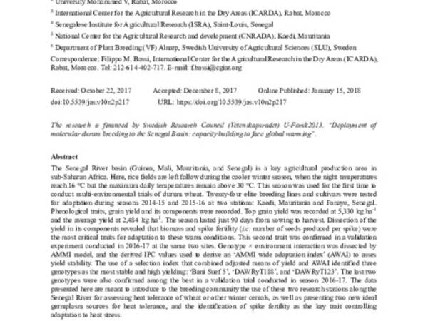 Heat Tolerance of Durum Wheat (Tritcum durum Desf.) Elite Germplasm Tested along the Senegal River