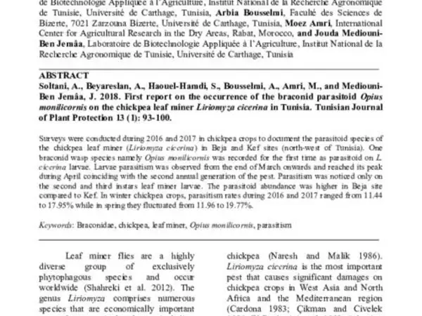 First Report on the Occurrence of the Braconid parasitoid Opius monilicornis on the Chickpea Leaf Miner Liriomyza cicerina in Tunisia 