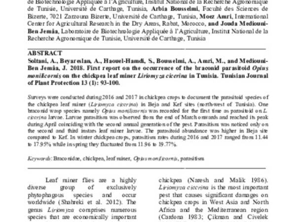 First Report on the Occurrence of the Braconid parasitoid Opius monilicornis on the Chickpea Leaf Miner Liriomyza cicerina in Tunisia 