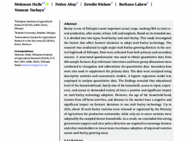 Determinants of malt barley varietal adoption decisions of farmers: Evidence from the central highlands of Ethiopia