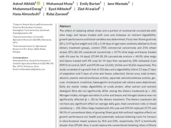Effect of olive tree leaves and twigs on intake, digestibility, growth performance and blood variables of Shami goats