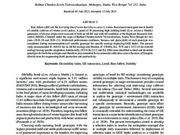 Identification of suitable genotypes of lentil (Lens culinaris) for improved adaptation to rice fallow areas of Gangetic Alluvial Zone