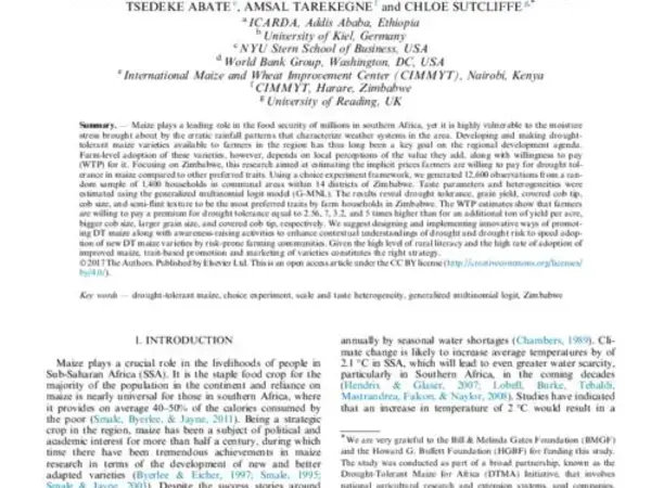 Modeling Preference and Willingness to Pay for Drought Tolerance (DT) in Maize in Rural Zimbabwe