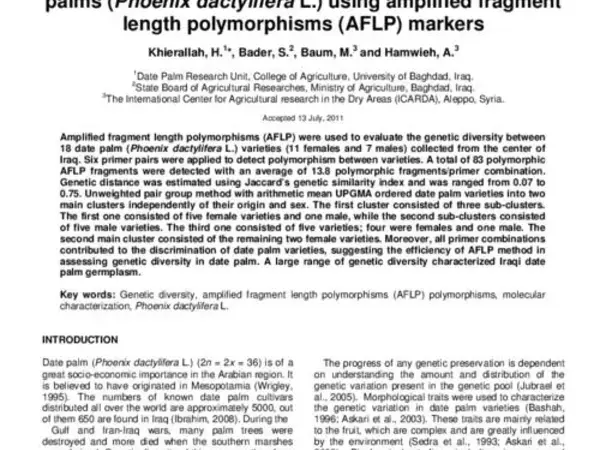 Assessment of genetic diversity for some Iraqi date palms (Phoenix dactylifera L.) using amplified fragment length polymorphisms (AFLP) markers