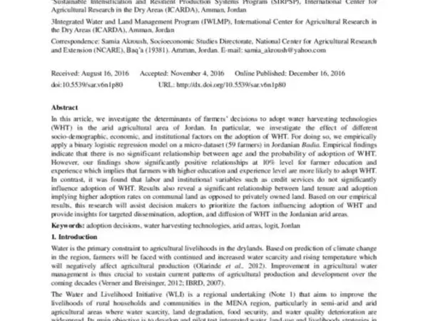 Factors Affecting the Adoption of Water Harvesting Technologies: A Case Study of Jordanian Arid Area