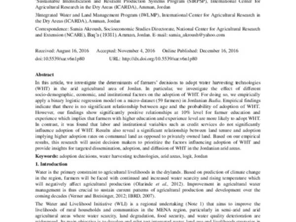 Factors Affecting the Adoption of Water Harvesting Technologies: A Case Study of Jordanian Arid Area