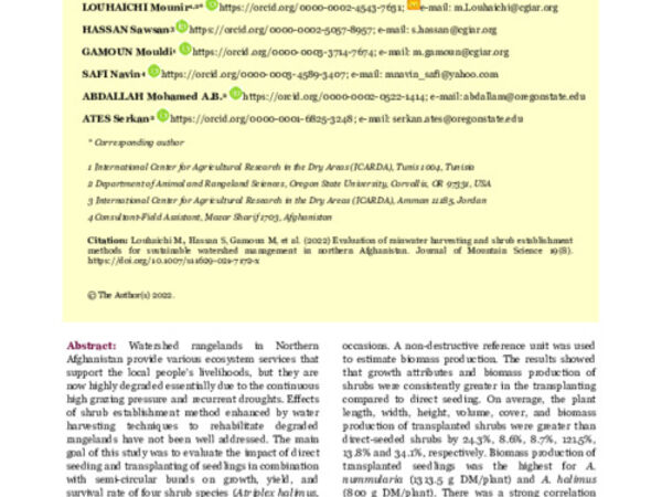 Evaluation of rainwater harvesting and shrub establishment methods for  sustainable watershed management in northern Afghanistan 