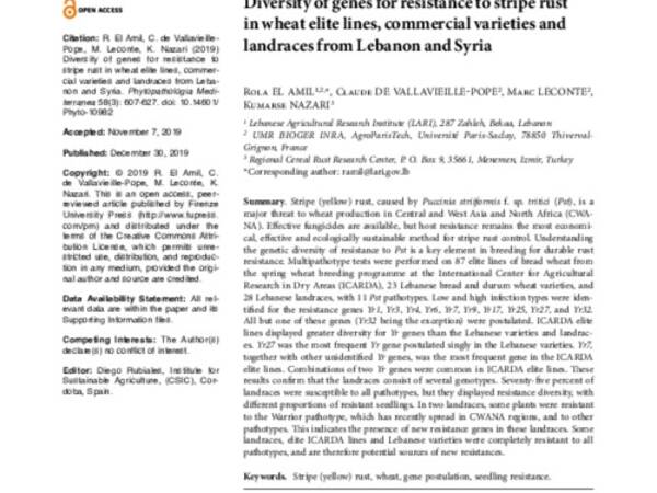 Diversity of genes for resistance to stripe rust in wheat elite lines, commercial varieties and landraces from Lebanon and Syria