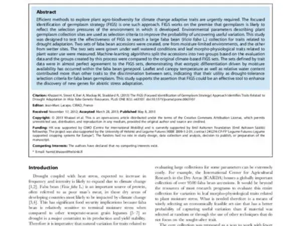 The FIGS (Focused Identification of Germplasm Strategy) Approach Identifies Traits Related to Drought Adaptation in Vicia faba Genetic Resources
