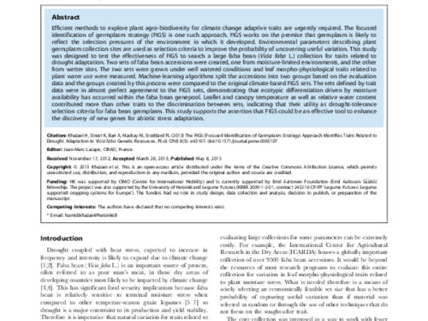 The FIGS (Focused Identification of Germplasm Strategy) Approach Identifies Traits Related to Drought Adaptation in Vicia faba Genetic Resources